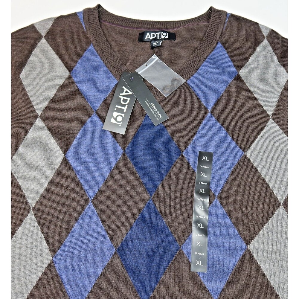 NEW Apt 9 Sweater V-Neck Mens XL Argyle Brown, Blue & Gray Merino Wool Blend NWT